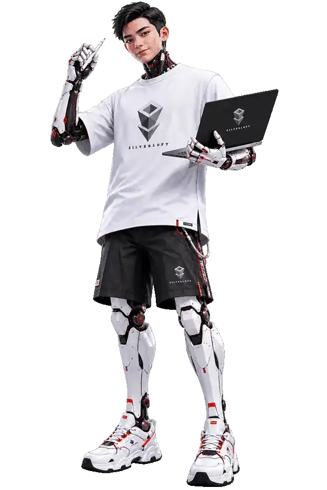 Silverloft founding developer, illustrated full-body portrait holding a laptop